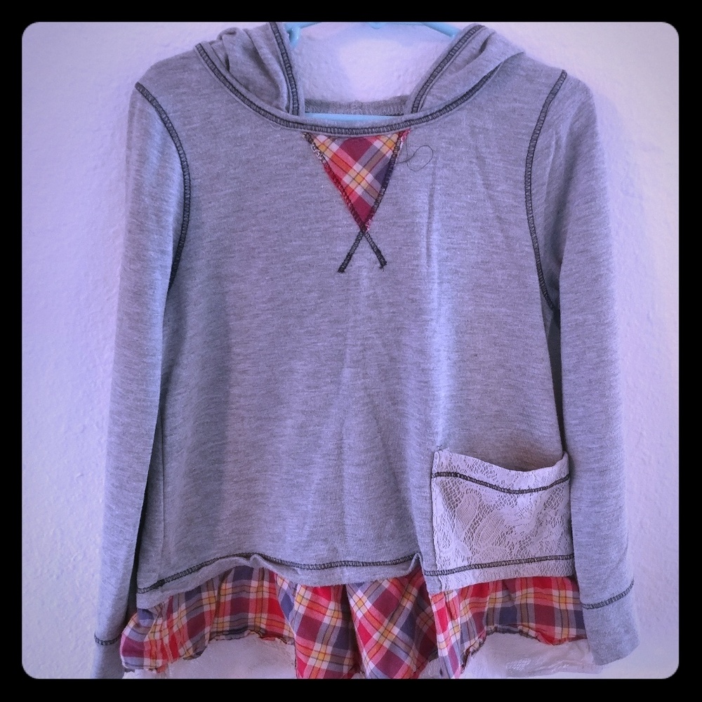 Girls Grey with plaid and lace hooded Tunic